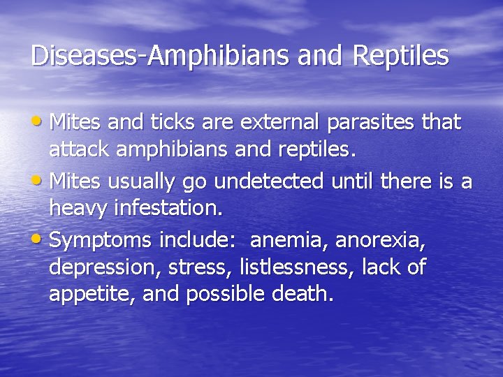 Diseases-Amphibians and Reptiles • Mites and ticks are external parasites that attack amphibians and