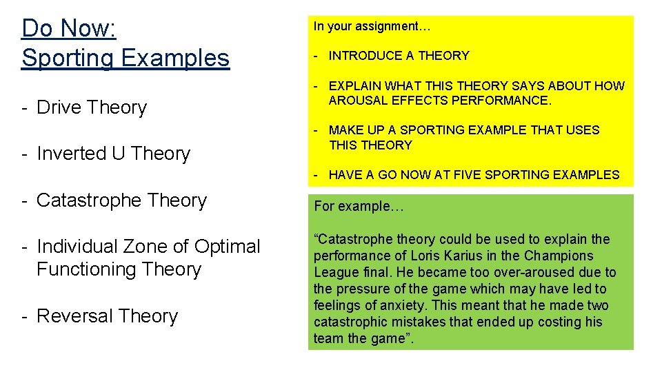 Do Now: Sporting Examples - Drive Theory - Inverted U Theory In your assignment…