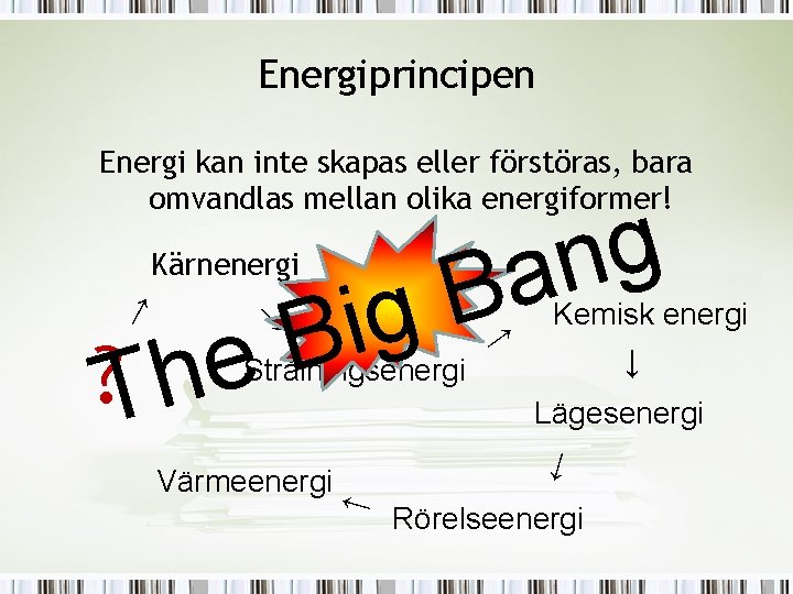 Energiprincipen Energi kan inte skapas eller förstöras, bara omvandlas mellan olika energiformer! Kärnenergi Lägesenergi