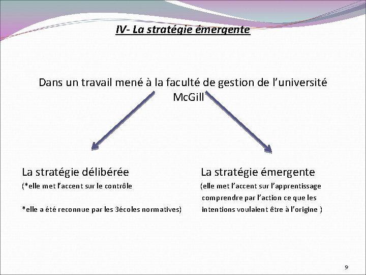 IV- La stratégie émergente Dans un travail mené à la faculté de gestion de