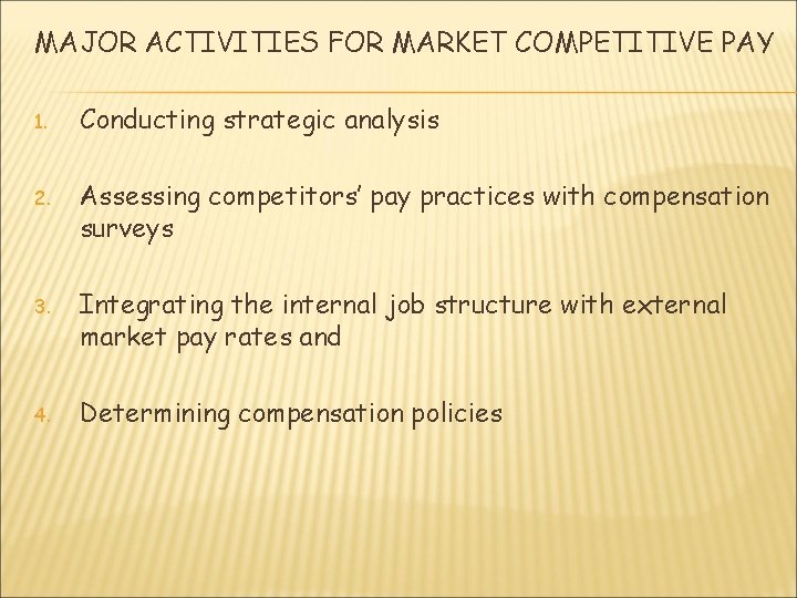 MAJOR ACTIVITIES FOR MARKET COMPETITIVE PAY 1. Conducting strategic analysis 2. Assessing competitors’ pay