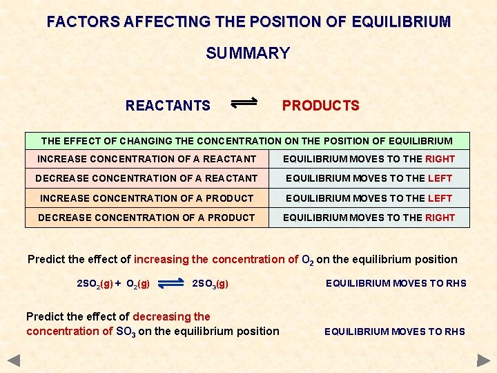 FACTORS AFFECTING THE POSITION OF EQUILIBRIUM SUMMARY REACTANTS PRODUCTS THE EFFECT OF CHANGING THE