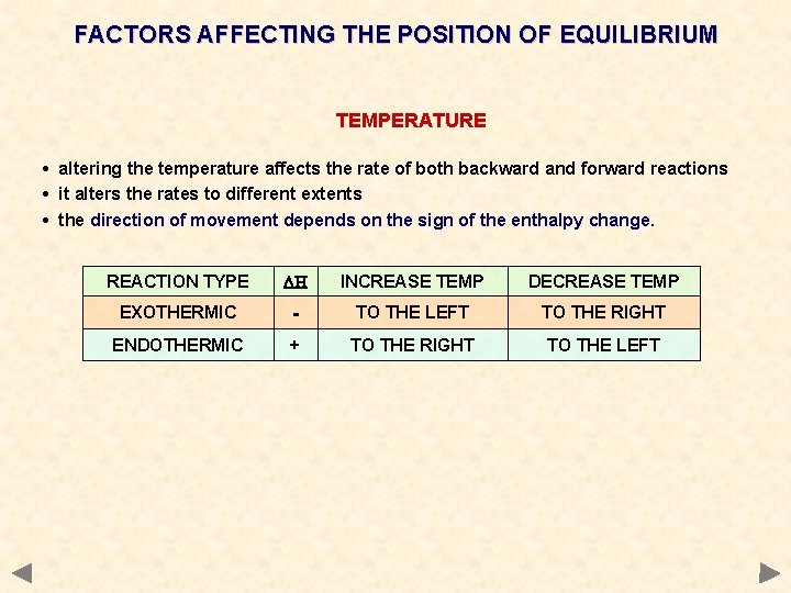 FACTORS AFFECTING THE POSITION OF EQUILIBRIUM TEMPERATURE • altering the temperature affects the rate