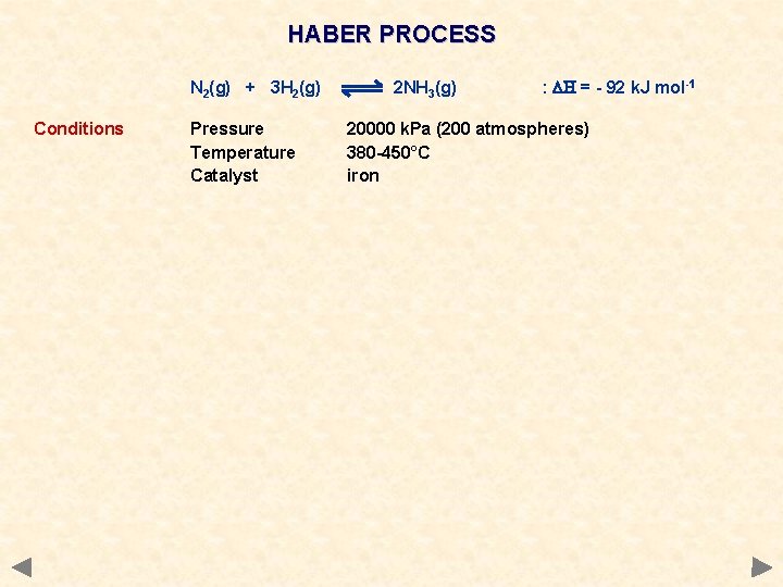 HABER PROCESS N 2(g) + 3 H 2(g) Conditions Pressure Temperature Catalyst 2 NH