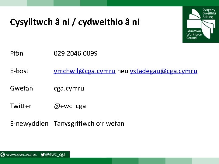 Cysylltwch â ni / cydweithio â ni Ffôn 029 2046 0099 E-bost ymchwil@cga. cymru