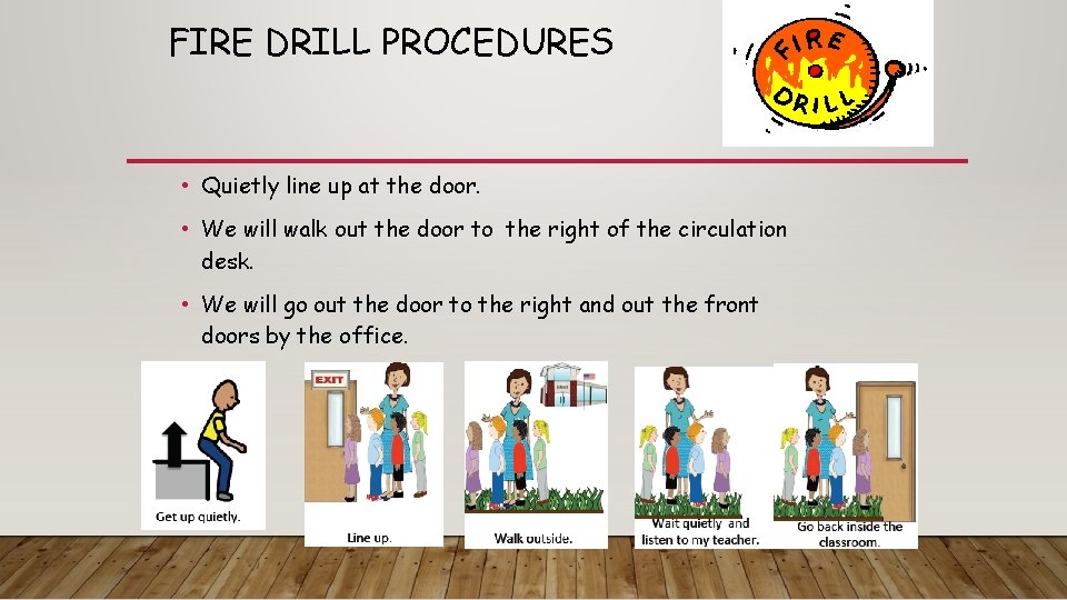 FIRE DRILL PROCEDURES • Quietly line up at the door. • We will walk