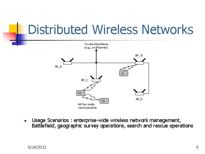 Distributed Wireless Networks To wired backbone (e. g. , an Ethernet) AP_ B AP_A