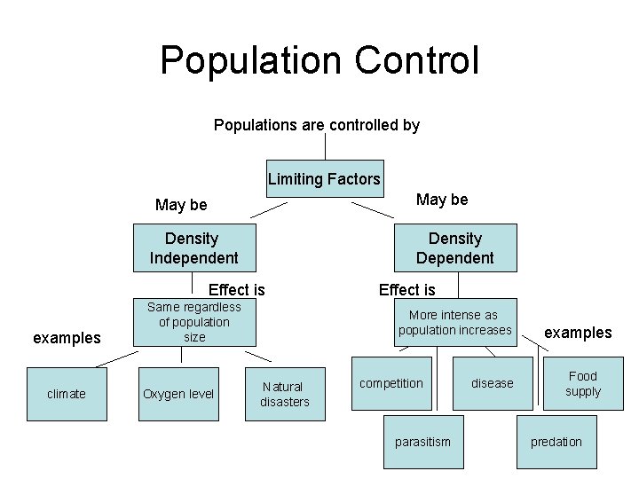 Population Control Populations are controlled by Limiting Factors May be Density Independent Density Dependent