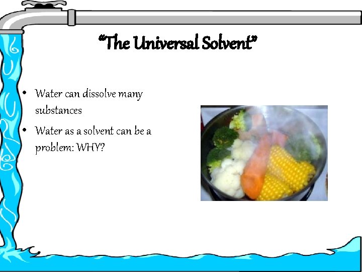 “The Universal Solvent” • Water can dissolve many substances • Water as a solvent