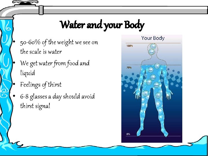 Water and your Body • 50 -60% of the weight we see on the