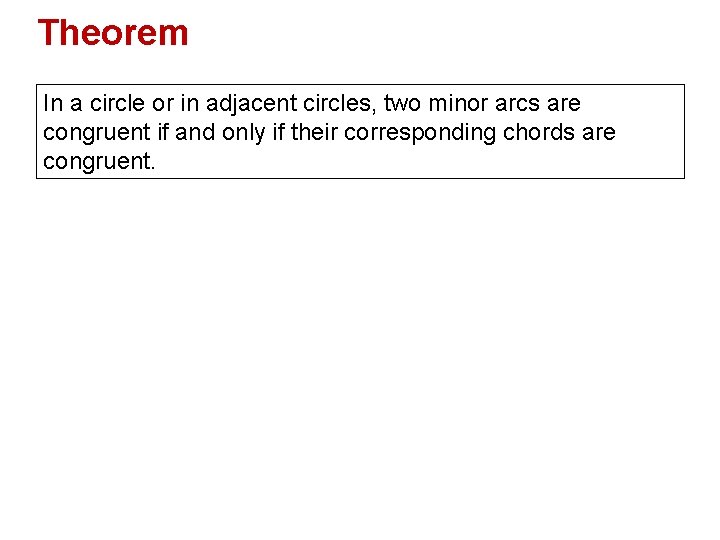 Theorem In a circle or in adjacent circles, two minor arcs are congruent if