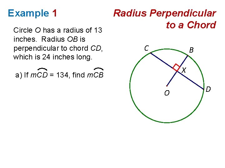 Example 1 Circle O has a radius of 13 inches. Radius OB is perpendicular