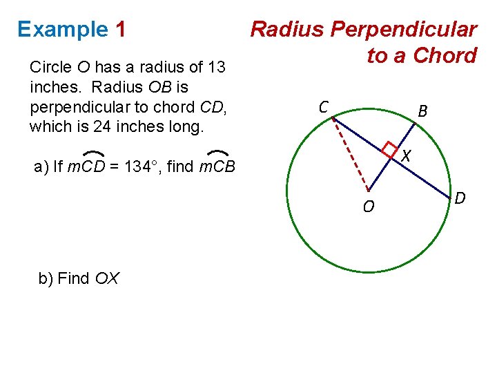 Example 1 Circle O has a radius of 13 inches. Radius OB is perpendicular