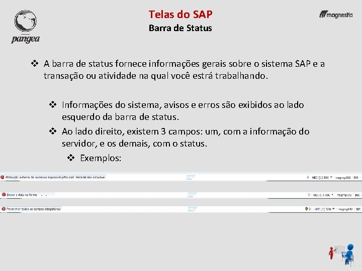 Telas do SAP Barra de Status v A barra de status fornece informações gerais