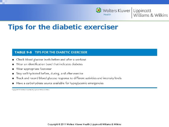 Tips for the diabetic exerciser Copyright © 2011 Wolters Kluwer Health | Lippincott Williams