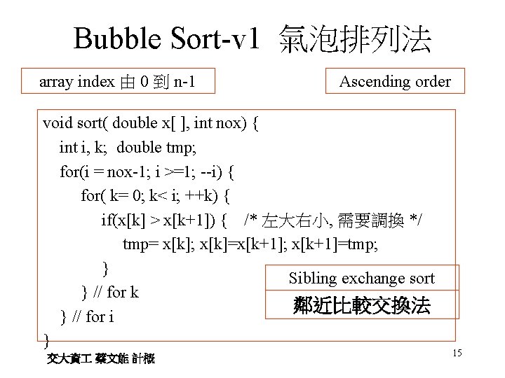 Bubble Sort-v 1 氣泡排列法 array index 由 0 到 n-1 Ascending order void sort(