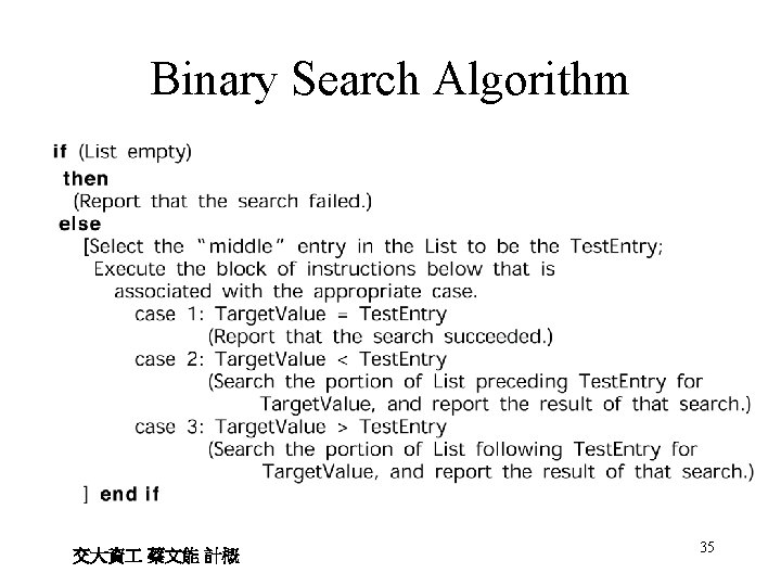 Binary Search Algorithm 交大資 蔡文能 計概 35 