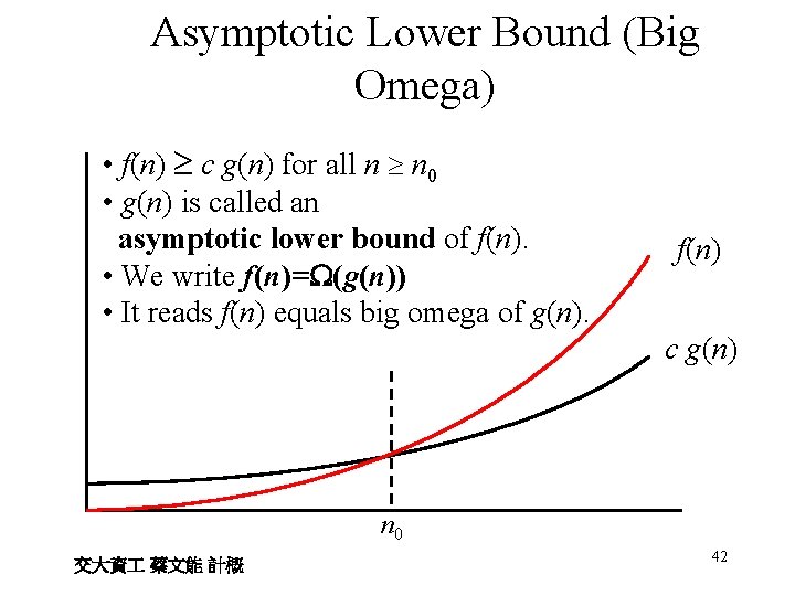 Asymptotic Lower Bound (Big Omega) • f(n) c g(n) for all n n 0