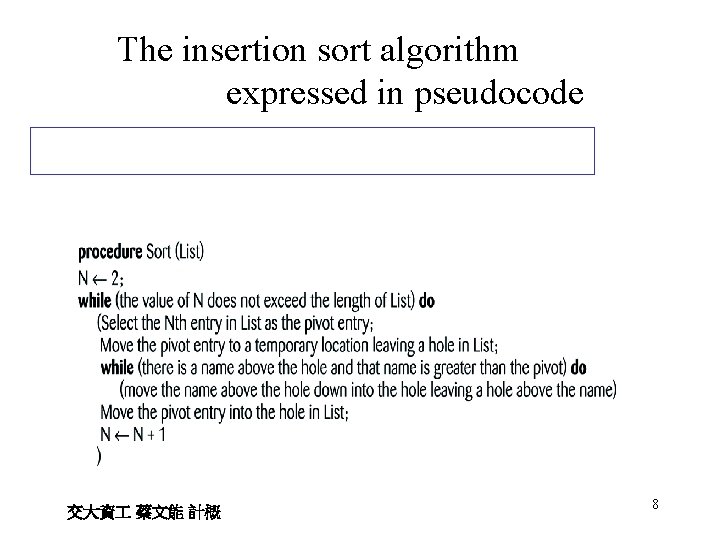 The insertion sort algorithm expressed in pseudocode Key idea: Keep part of array always