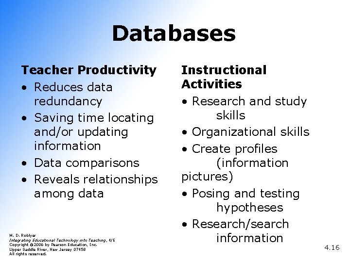 Databases Teacher Productivity • Reduces data redundancy • Saving time locating and/or updating information