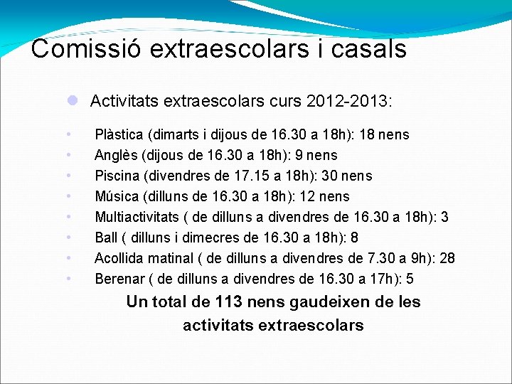 Comissió extraescolars i casals Activitats extraescolars curs 2012 -2013: • • Plàstica (dimarts i