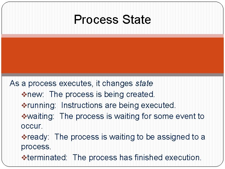 Process State As a process executes, it changes state vnew: The process is being