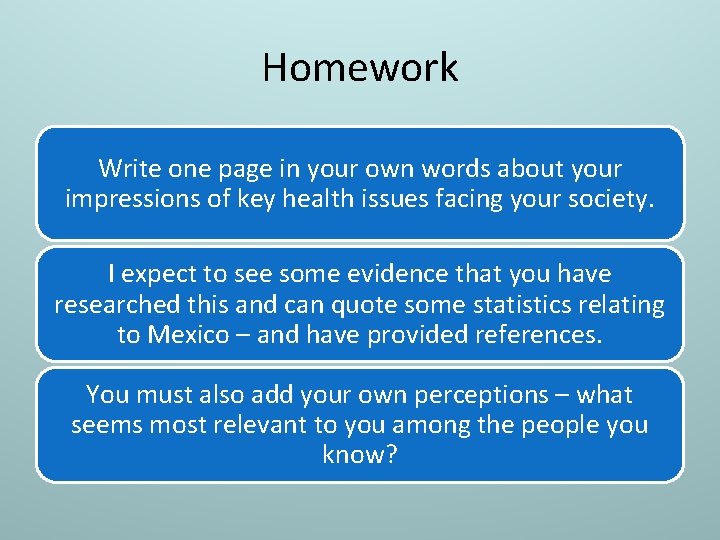 Homework Write one page in your own words about your impressions of key health