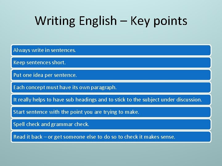 Writing English – Key points Always write in sentences. Keep sentences short. Put one