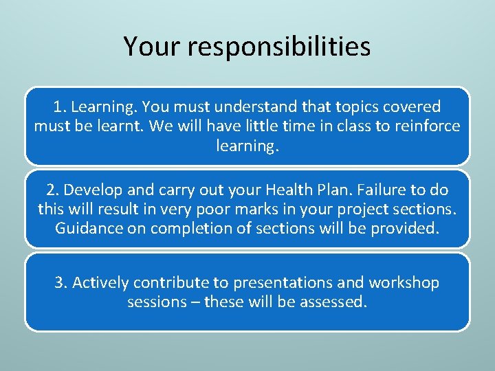 Your responsibilities 1. Learning. You must understand that topics covered must be learnt. We