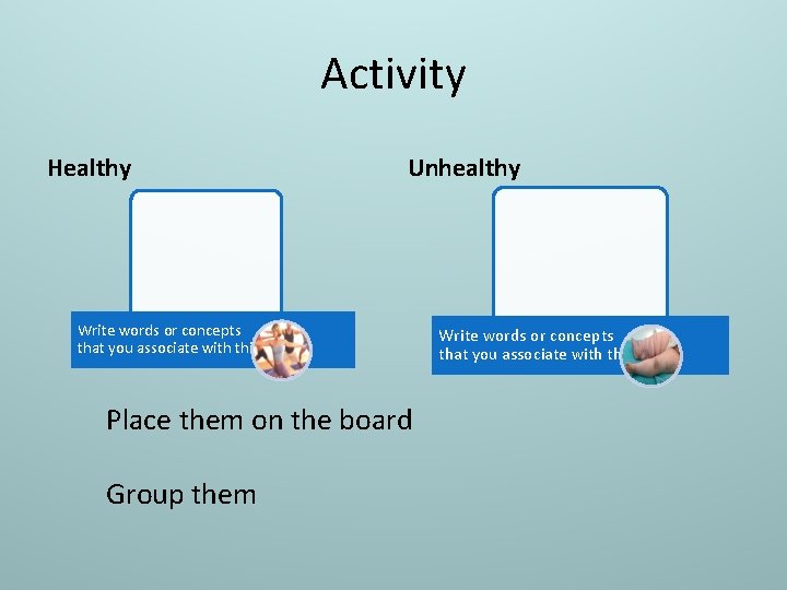 Activity Healthy Unhealthy Write words or concepts that you associate with this Place them