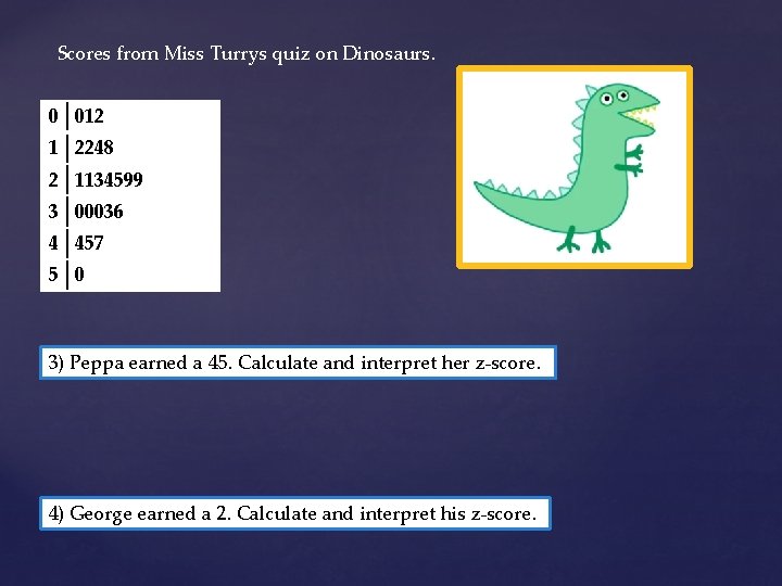 Scores from Miss Turrys quiz on Dinosaurs. 0 012 1 2248 2 1134599 3