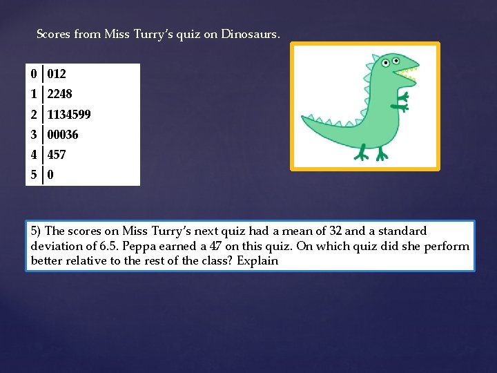 Scores from Miss Turry’s quiz on Dinosaurs. 0 012 1 2248 2 1134599 3