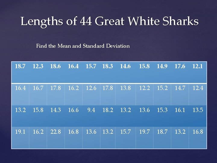 Lengths of 44 Great White Sharks Find the Mean and Standard Deviation 18. 7