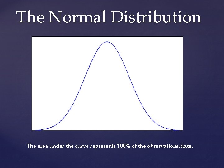 The Normal Distribution The area under the curve represents 100% of the observations/data. 