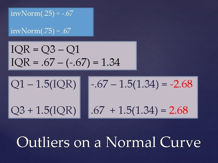 inv. Norm(. 25) = -. 67 inv. Norm(. 75) =. 67 IQR = Q