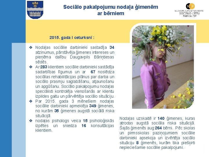 Sociālo pakalpojumu nodaļa ģimenēm ar bērniem 2015. gada I ceturksnī : v Nodaļas sociālie