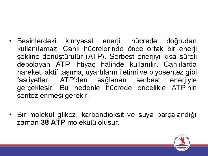  • Besinlerdeki kimyasal enerji, hücrede doğrudan kullanılamaz. Canlı hücrelerinde önce ortak bir enerji