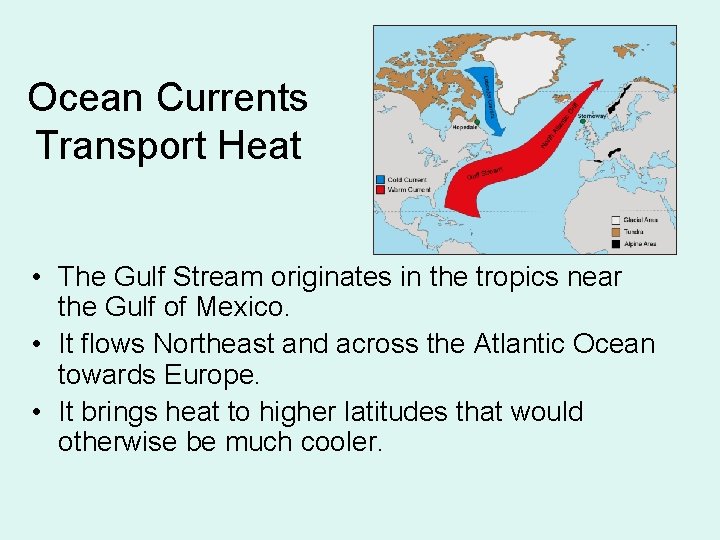 Ocean Currents Transport Heat • The Gulf Stream originates in the tropics near the