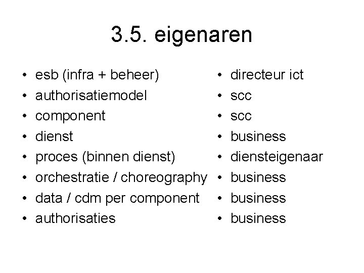 3. 5. eigenaren • • esb (infra + beheer) authorisatiemodel component dienst proces (binnen