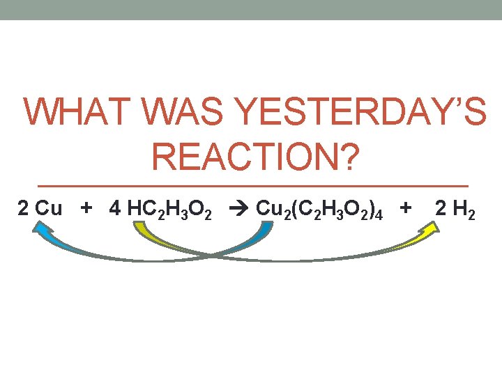 WHAT WAS YESTERDAY’S REACTION? 2 Cu + 4 HC 2 H 3 O 2