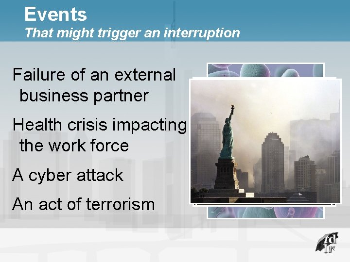 Events That might trigger an interruption Failure of an external business partner Health crisis