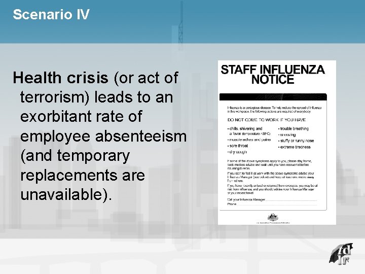 Scenario IV Health crisis (or act of terrorism) leads to an exorbitant rate of