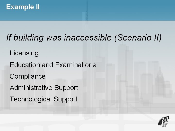 Example II If building was inaccessible (Scenario II) Licensing Education and Examinations Compliance Administrative