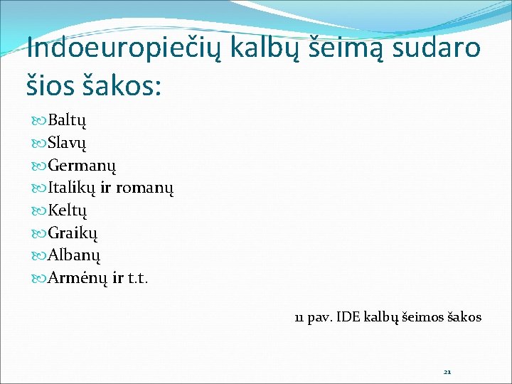 Indoeuropiečių kalbų šeimą sudaro šios šakos: Baltų Slavų Germanų Italikų ir romanų Keltų Graikų