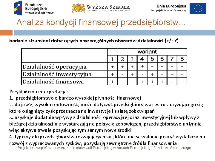 Analiza kondycji finansowej przedsiębiorstw… badanie strumieni dotyczących poszczególnych obszarów działalności (+/- ? ) Przykładowa