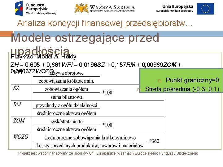 Analiza kondycji finansowej przedsiębiorstw… Modele ostrzegające przed upadłością Przykład: Model A. Hołdy ZH =