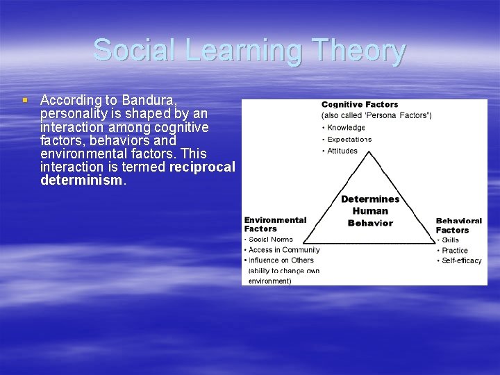 Social Learning Theory § According to Bandura, personality is shaped by an interaction among