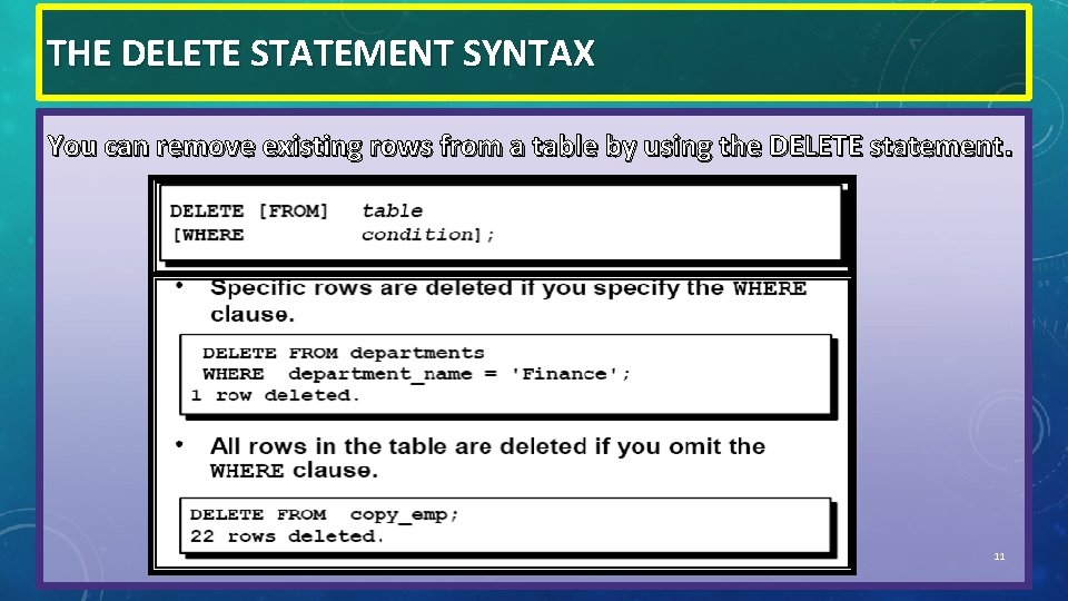 THE DELETE STATEMENT SYNTAX You can remove existing rows from a table by using THE DELETE STATEMENT SYNTAX You can remove existing rows from a table by using