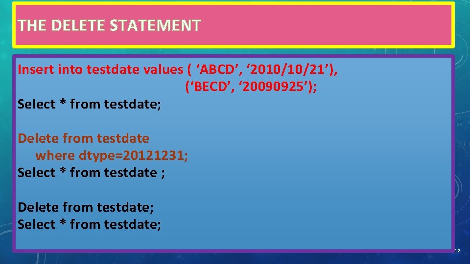 THE DELETE STATEMENT Insert into testdate values ( ‘ABCD’, ‘ 2010/10/21’), (‘BECD’, ‘ 20090925’); THE DELETE STATEMENT Insert into testdate values ( ‘ABCD’, ‘ 2010/10/21’), (‘BECD’, ‘ 20090925’);