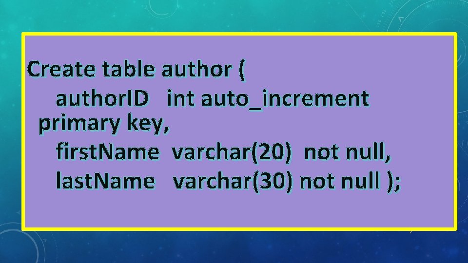 Create table author ( author. ID int auto_increment primary key, first. Name varchar(20) not Create table author ( author. ID int auto_increment primary key, first. Name varchar(20) not